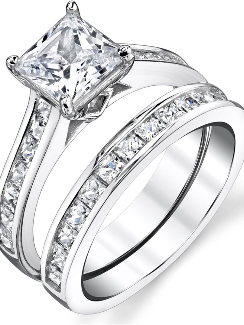 Stunning 4.3 Carat Sterling Silver Princess Cut Cubic Zirconia Bridal Set Rings